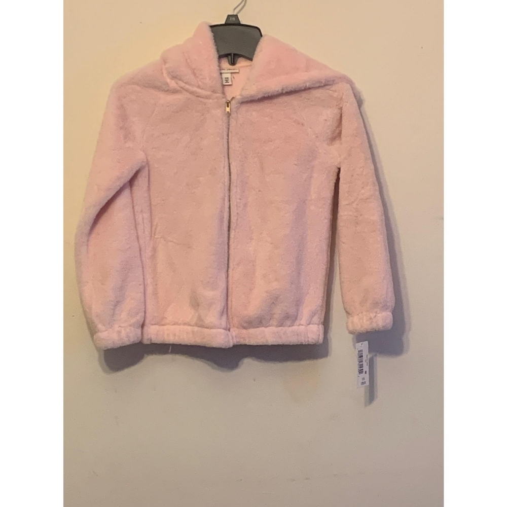 Colorful Planet pink faux fur jacket with hood.